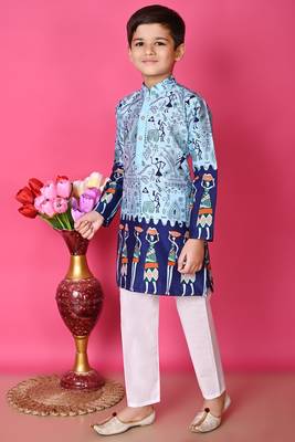 printed blue dupion silk kurta and cotton pajama set for boys 4
