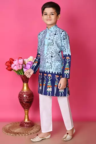 printed blue dupion silk kurta and cotton pajama set for boys