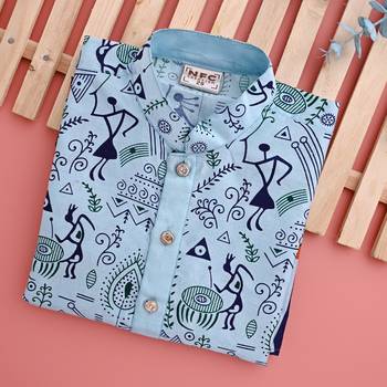 printed blue dupion silk kurta and cotton pajama set for boys 5