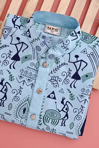 printed blue dupion silk kurta and cotton pajama set for boys