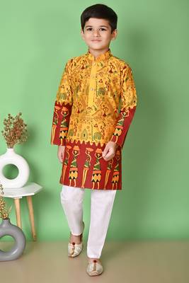 printed yellow dupion silk kurta and cotton pajama set for boys 1