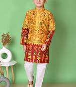 printed yellow dupion silk kurta and cotton pajama set for boys