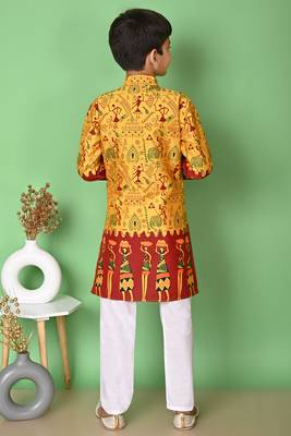 printed yellow dupion silk kurta and cotton pajama set for boys 2