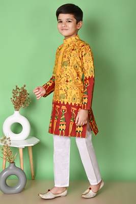 printed yellow dupion silk kurta and cotton pajama set for boys 3