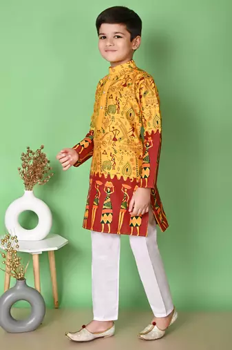 printed yellow dupion silk kurta and cotton pajama set for boys