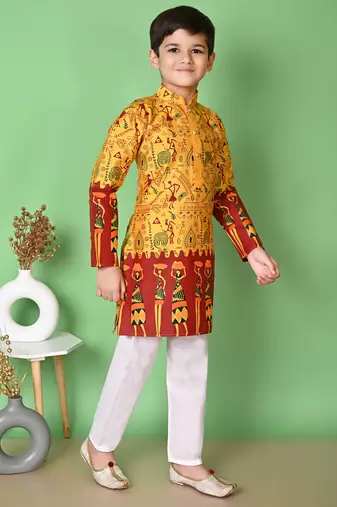 printed yellow dupion silk kurta and cotton pajama set for boys