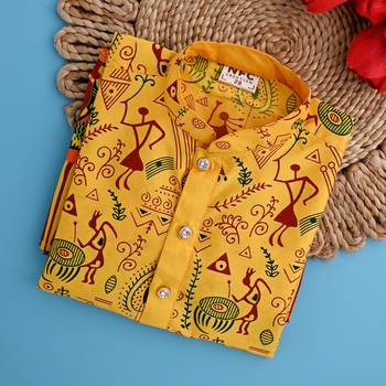 printed yellow dupion silk kurta and cotton pajama set for boys 5
