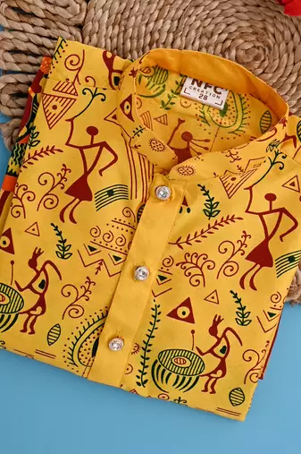 printed yellow dupion silk kurta and cotton pajama set for boys