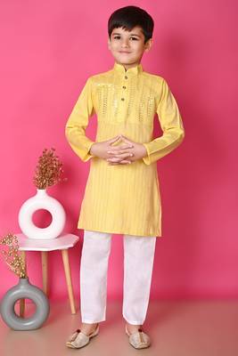 Nfc creation embroidery & sequins work yellow rayon cotton kurta and pajama set for boys 1