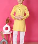 Nfc creation embroidery & sequins work yellow rayon cotton kurta and pajama set for boys