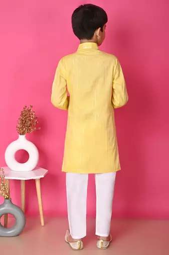 Nfc creation embroidery & sequins work yellow rayon cotton kurta and pajama set for boys