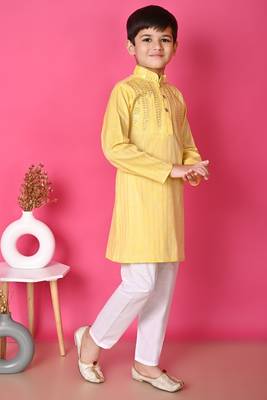Nfc creation embroidery & sequins work yellow rayon cotton kurta and pajama set for boys 3