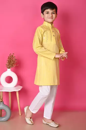 Nfc creation embroidery & sequins work yellow rayon cotton kurta and pajama set for boys