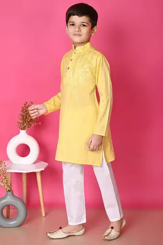 Nfc creation embroidery & sequins work yellow rayon cotton kurta and pajama set for boys