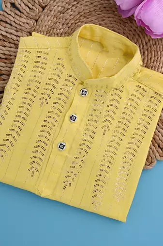 Nfc creation embroidery & sequins work yellow rayon cotton kurta and pajama set for boys