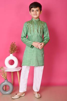 Nfc creation embroidery & sequins work light green rayon cotton kurta and pajama set for boys 1