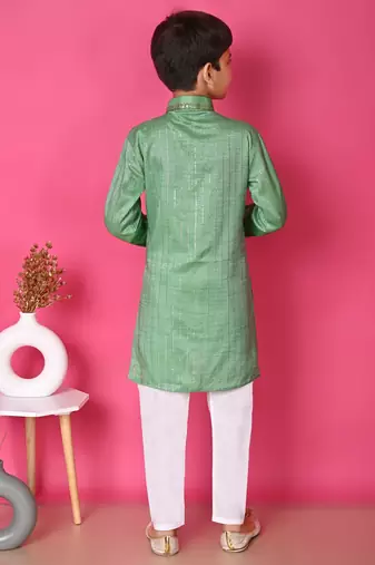 Nfc creation embroidery & sequins work light green rayon cotton kurta and pajama set for boys