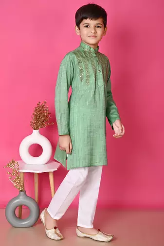 Nfc creation embroidery & sequins work light green rayon cotton kurta and pajama set for boys