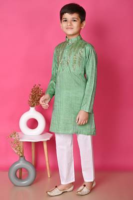 Nfc creation embroidery & sequins work light green rayon cotton kurta and pajama set for boys 4
