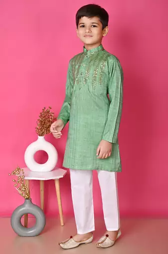 Nfc creation embroidery & sequins work light green rayon cotton kurta and pajama set for boys