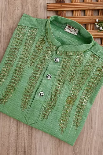 Nfc creation embroidery & sequins work light green rayon cotton kurta and pajama set for boys