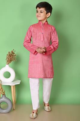 Nfc creation embroidery & sequins work tomato orange rayon cotton kurta and pajama set for boys 1