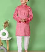 Nfc creation embroidery & sequins work tomato orange rayon cotton kurta and pajama set for boys