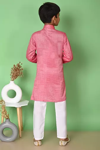 Nfc creation embroidery & sequins work tomato orange rayon cotton kurta and pajama set for boys