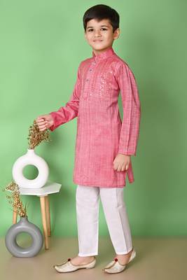 Nfc creation embroidery & sequins work tomato orange rayon cotton kurta and pajama set for boys 3