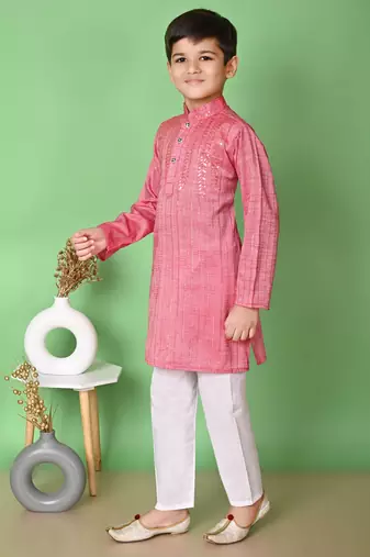 Nfc creation embroidery & sequins work tomato orange rayon cotton kurta and pajama set for boys