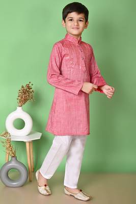 Nfc creation embroidery & sequins work tomato orange rayon cotton kurta and pajama set for boys 4