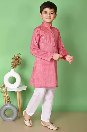 Nfc creation embroidery & sequins work tomato orange rayon cotton kurta and pajama set for boys