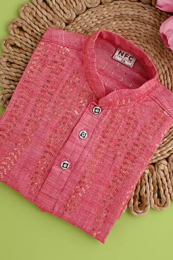 Nfc creation embroidery & sequins work tomato orange rayon cotton kurta and pajama set for boys
