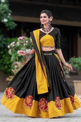 MUSTARD - BLACK COLOR COTTON TRANDITIONAL SEMI-STITCHED CHANIYA CHOLI  1