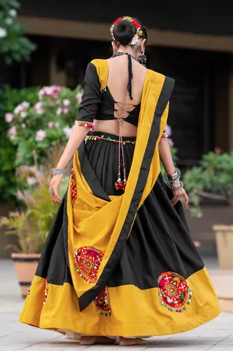 MUSTARD - BLACK COLOR COTTON TRANDITIONAL SEMI-STITCHED CHANIYA CHOLI 