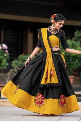 MUSTARD - BLACK COLOR COTTON TRANDITIONAL SEMI-STITCHED CHANIYA CHOLI  3