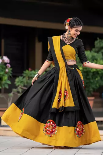 MUSTARD - BLACK COLOR COTTON TRANDITIONAL SEMI-STITCHED CHANIYA CHOLI 