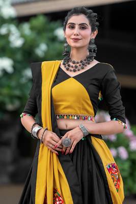 MUSTARD - BLACK COLOR COTTON TRANDITIONAL SEMI-STITCHED CHANIYA CHOLI  4