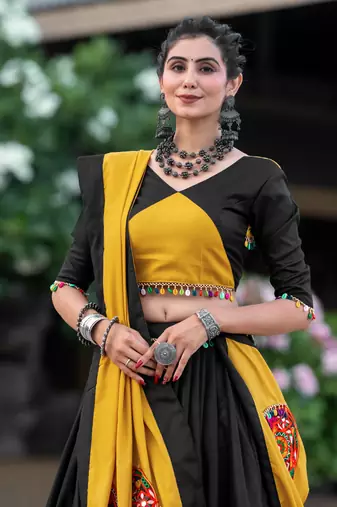 MUSTARD - BLACK COLOR COTTON TRANDITIONAL SEMI-STITCHED CHANIYA CHOLI 