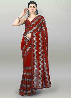 Red Georgette Sequence Party Wear Saree 1