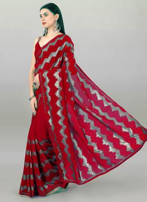 Red Georgette Sequence Party Wear Saree 2