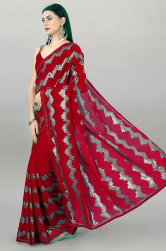 Red Georgette Sequence Party Wear Saree