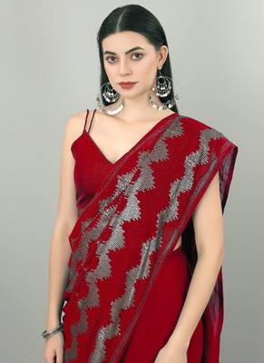 Red Georgette Sequence Party Wear Saree 3