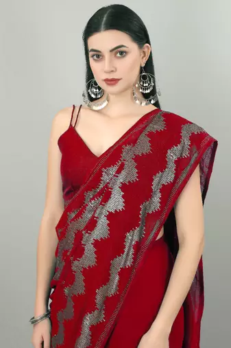 Red Georgette Sequence Party Wear Saree