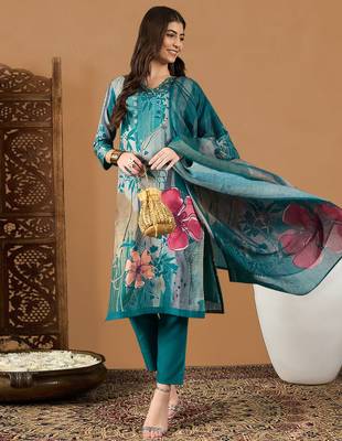 women teal rayon blend floral printed straight kurta trouser with dupatta 1