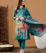 women teal rayon blend floral printed straight kurta trouser with dupatta