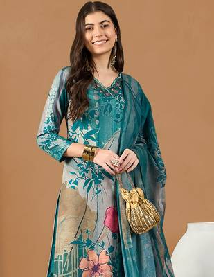 women teal rayon blend floral printed straight kurta trouser with dupatta 2