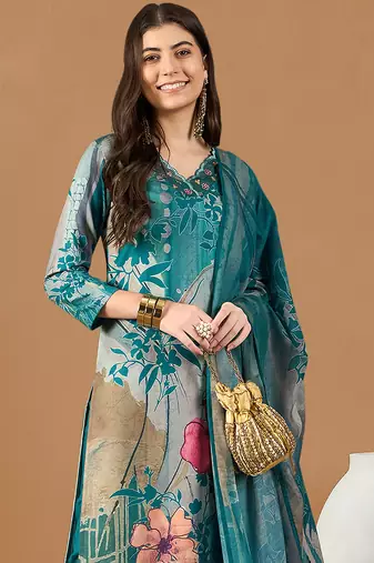 women teal rayon blend floral printed straight kurta trouser with dupatta