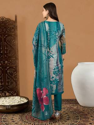 women teal rayon blend floral printed straight kurta trouser with dupatta 3