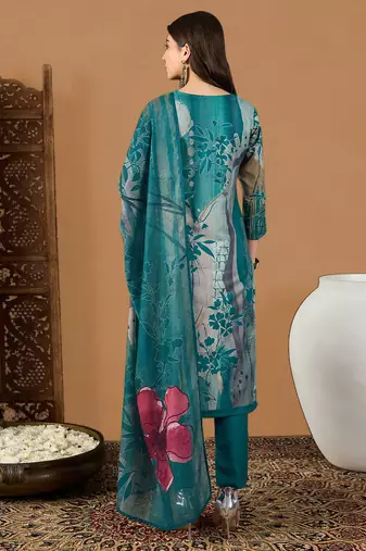 women teal rayon blend floral printed straight kurta trouser with dupatta